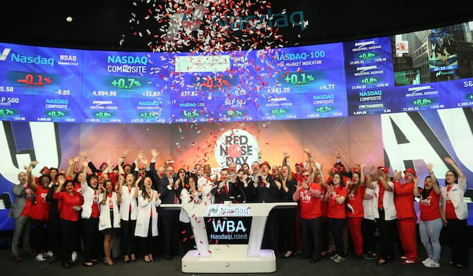 WBA Red Nose Nasdaq bell