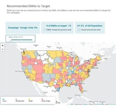 Kinsa Forecast Advisor highlights DMAs with high levels of cold/flu symptoms, enabling more effective retailer engagement and messaging.